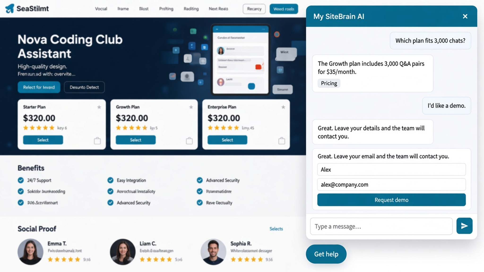 A realistic visitor conversation asking about pricing and getting a grounded response