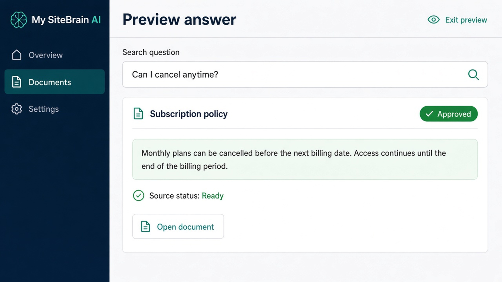 The approved policy document and citation supporting the chatbot answer