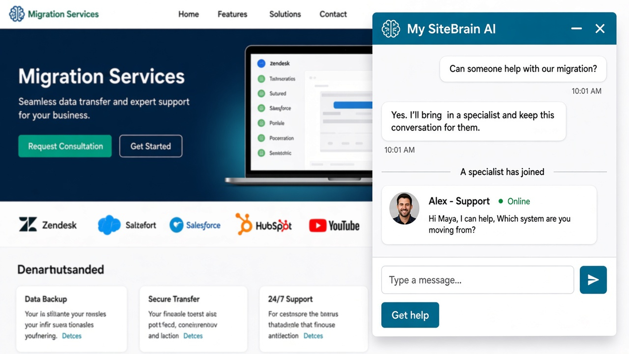 A visitor asking the chatbot to speak with a human support agent