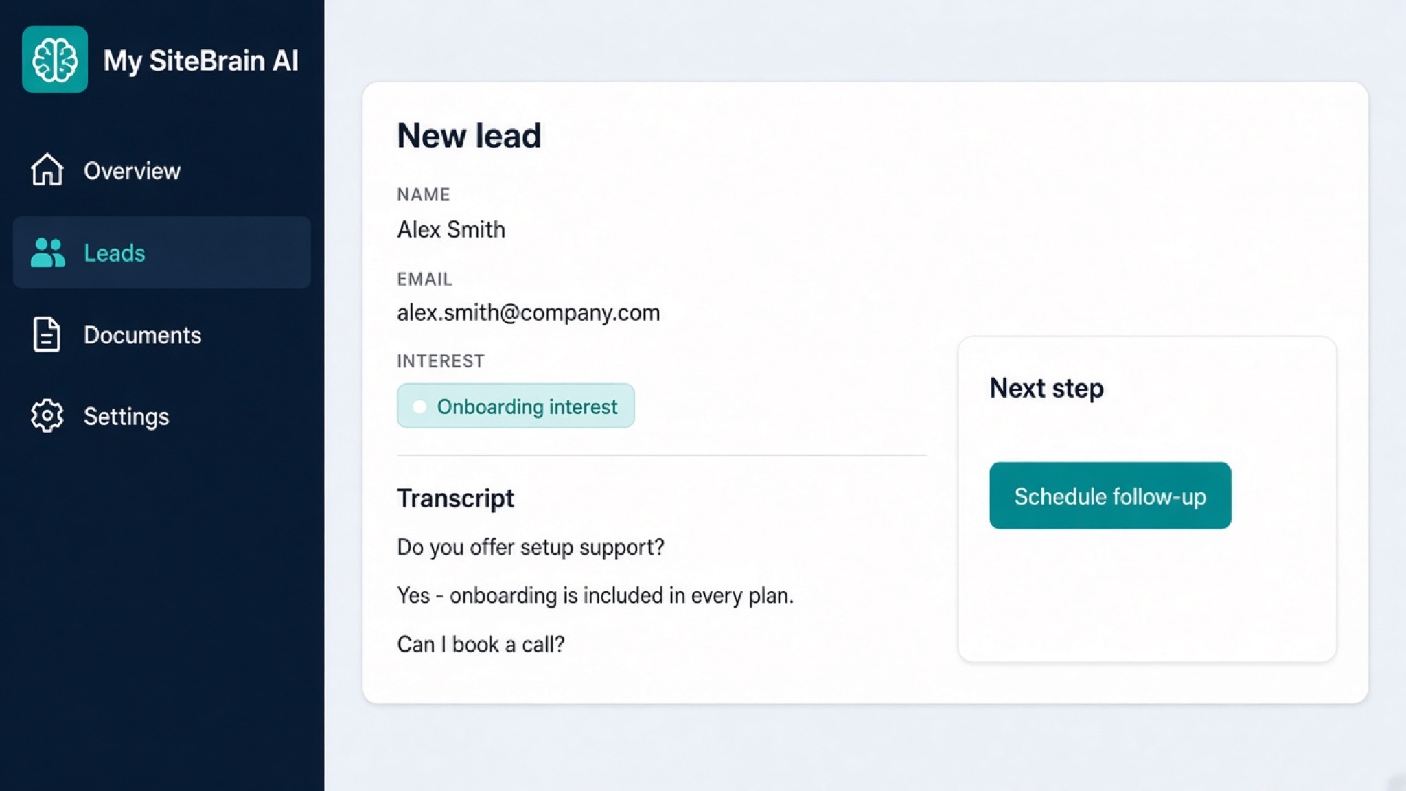 My SiteBrain AI console showing the qualified lead captured from the conversation